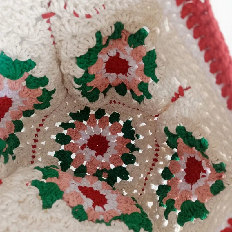 Granny Square Crochet Shoulder Bag For Women Handmade Yarn Canvas Shopper 🍓🧶