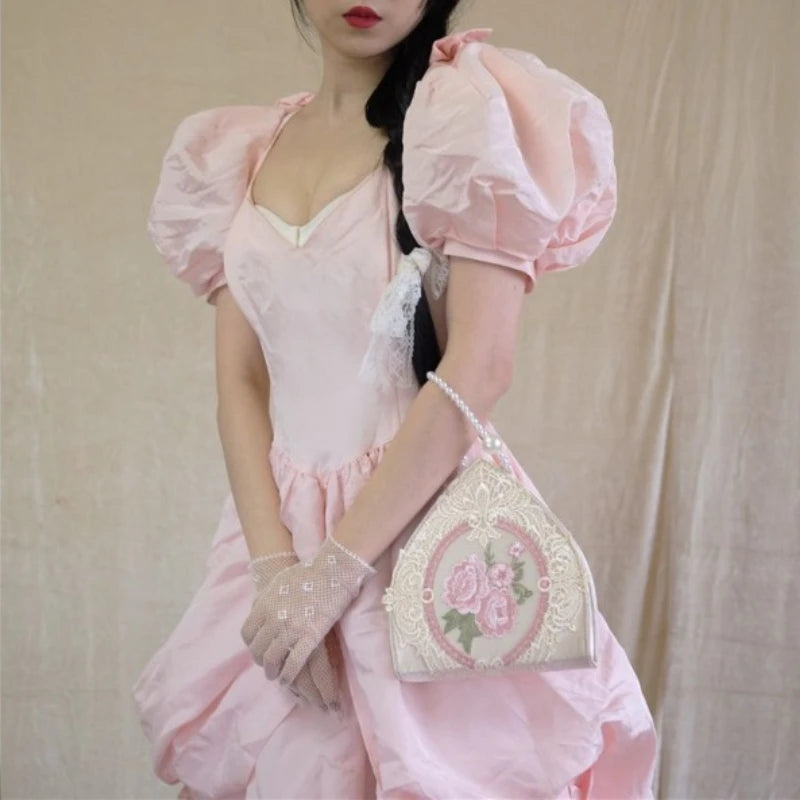 Kawaii Floral Lace Handbag 🌸✨ Cute Y2K Top-Handle Bag with Pearl Chain for Fairy Girls 💖 Fashionable Soft Bucket Purse for Women