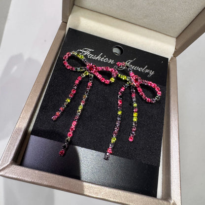 Kawaii Charm ✨ Colorful Rhinestone Bow Dangle Earrings with Long Tassels 🌈 Cute Sparkly Jewelry for Women