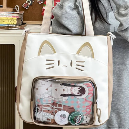 Kawaii Cat Love 💖✨ Large Nylon Ita Shoulder Bag - Versatile Crossbody Handbag with Transparent DIY Pocket 🐾🌈