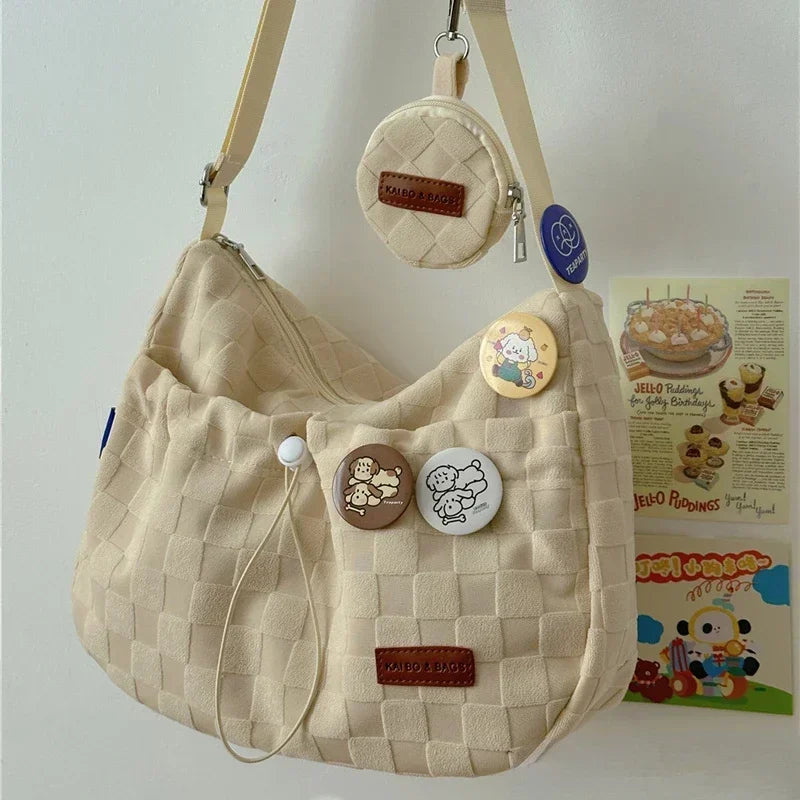 Xiuya Harajuku Style College Crossbody Bag Solid Color Plaid Print Large Capacity Shoulder Bag New Cute Fashion Designer Handbag - Pixie Quill