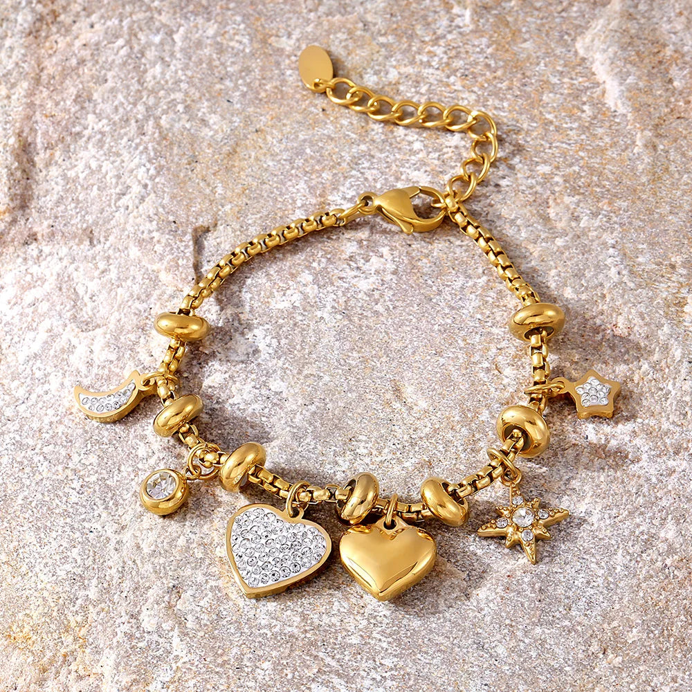 Kawaii Moon & Heart Stainless Steel Charm Bracelet 🌙💖 | Cute Luxury Jewelry Gift for Women 🎁✨