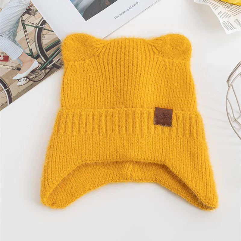 Kawaii Cat Ear Beanie 🐾✨ | Soft Candy Color Knitted Hat for Women - Cozy Faux Fur Winter Fashion 🎀