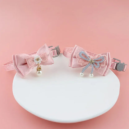 ✨ Cute Pink Lace Bow & Bead Cat Choker with Bell 🐾 Perfect Pet Accessory! 💖