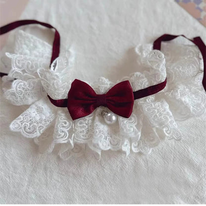 ✨ Elegant Pearl & Lace Pet Bib 🎀 Chic Ribbon Scarf for Pawsome Parties 🐾💖