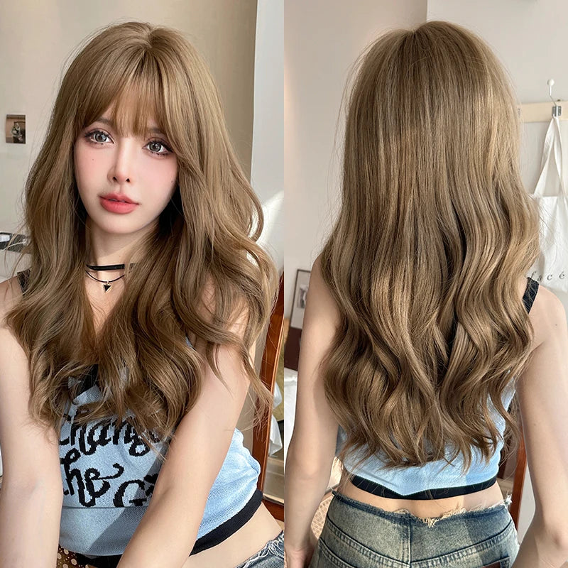 Kawaii Dreamy Sakura Pink Wavy Wig 🌸✨ | High-Density Curly Hair with Bangs for Sweet Girls 💖🎀