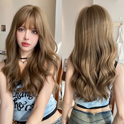 Kawaii Dreamy Sakura Pink Wavy Wig 🌸✨ | High-Density Curly Hair with Bangs for Sweet Girls 💖🎀