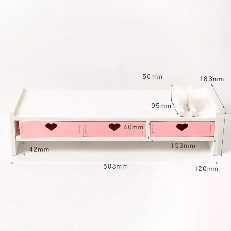 Kawaii Pink & White Heart Drawer Desk Organizer 💖✨ - Cute Monitor Riser & Stationery Holder for Students!