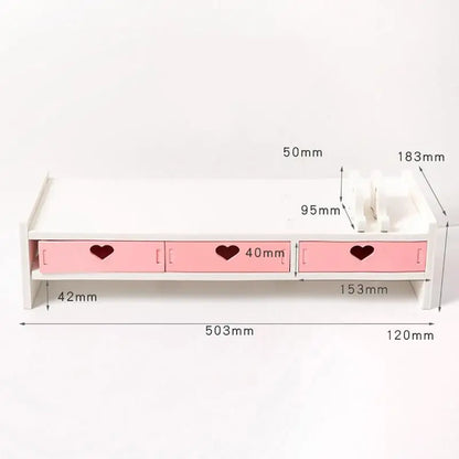 Kawaii Pink & White Heart Drawer Desk Organizer 💖✨ - Cute Monitor Riser & Stationery Holder for Students!