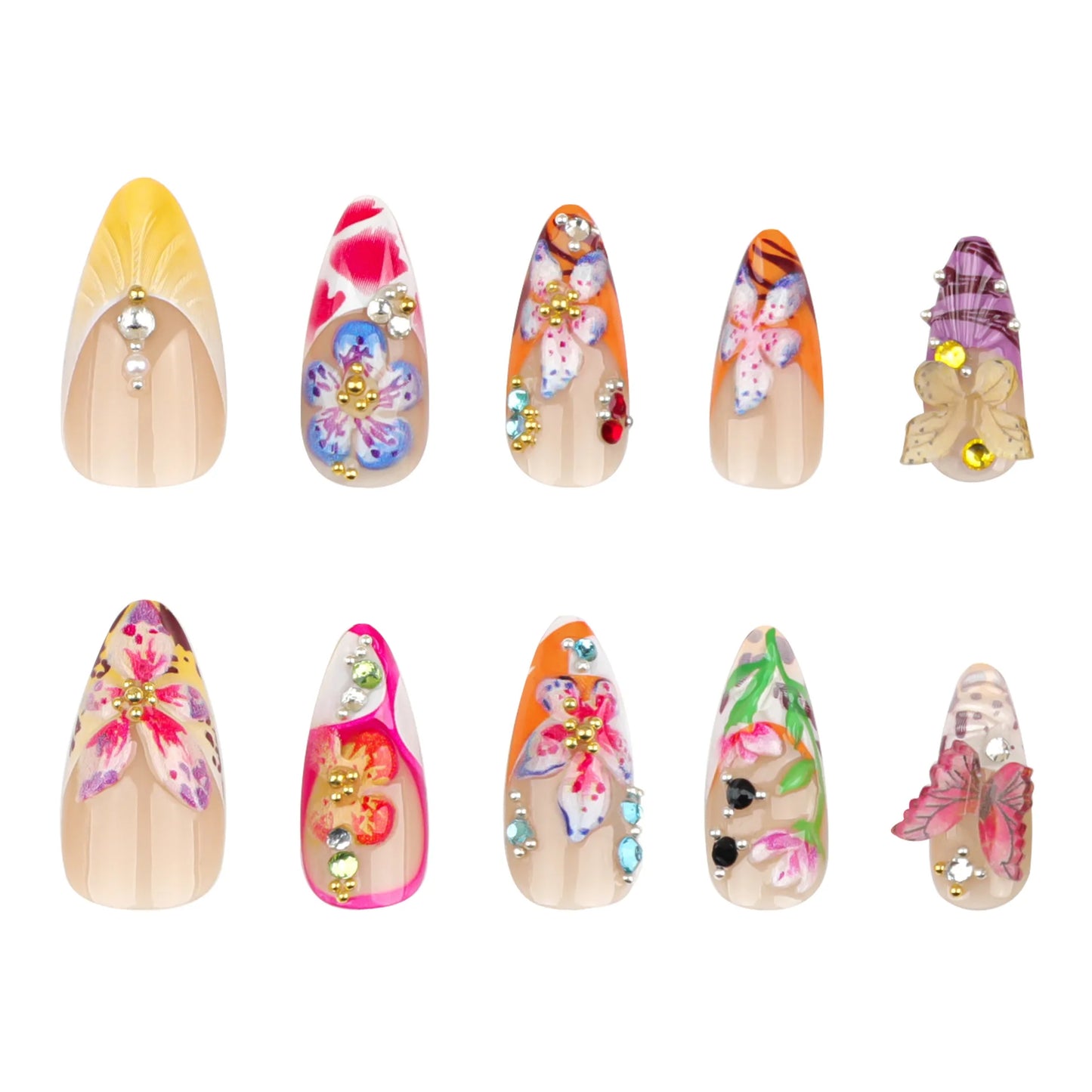 Kawaii Tropical Flower Press-On Nails 🌺✨ | 24PCS Colorful 3D Butterfly & Shell Art 💅🌈