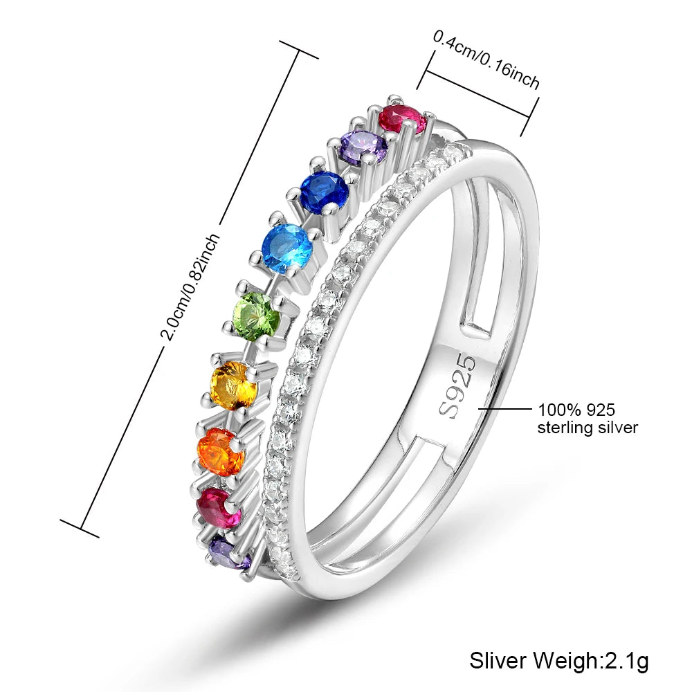 Kawaii Rainbow Love: ALLNOEL 925 Sterling Silver Double Ring with Colorful Zircon 🌈💖✨