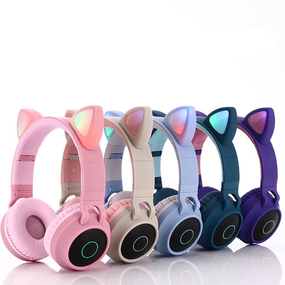 ✨ Kawaii Cat Ear Bluetooth Headphones 🎶 - Adorable LED Music Headset for Girls 💖 - Supports TF Card & FM Radio! 🌈