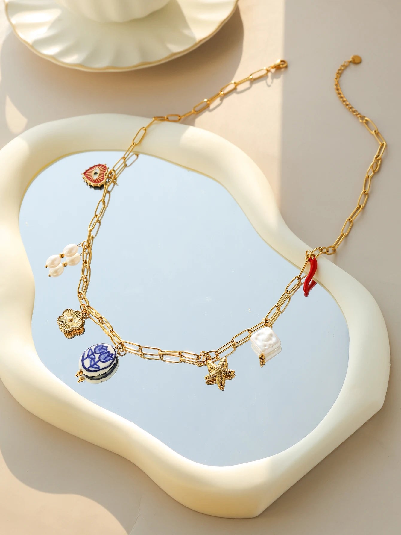 Enchanting Tulip Ceramic Pendant Necklace With Pearl Eye Flower Starfish Charm In Stainless Steel Women Jewelry 💎🌷🐚