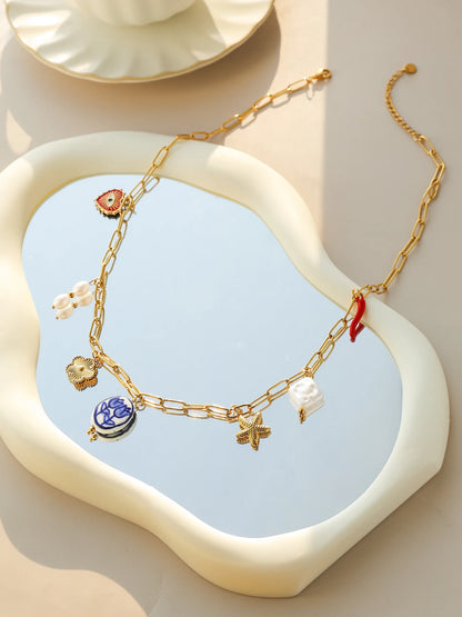 Enchanting Tulip Ceramic Pendant Necklace With Pearl Eye Flower Starfish Charm In Stainless Steel Women Jewelry 💎🌷🐚