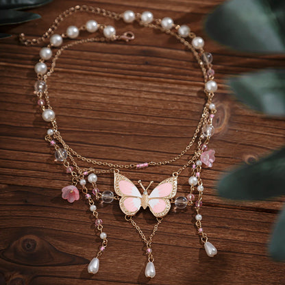 Kawaii Dreamy Butterfly Pearl Choker Necklace 🦋✨ | Trendy Multilayer Crystal Jewelry for Women 2024
