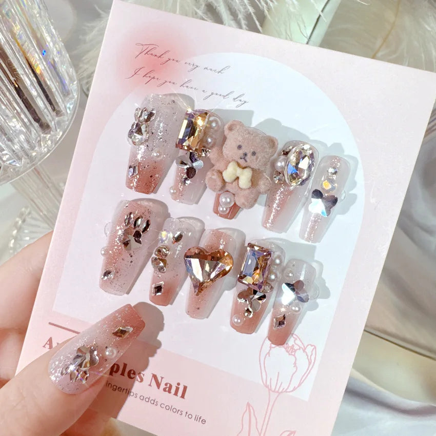 Kawaii Glittery Bear & Rabbit Press-On Nails 🎀✨ - 24Pcs Luxury Rhinestone False Nails with Jelly Glue! 🐻🐰💖