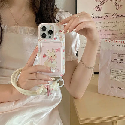 🍓🐰 Adorable Strawberry Bunny Phone Case with Lanyard for iPhone 15 & 14 Plus! 🌟📱