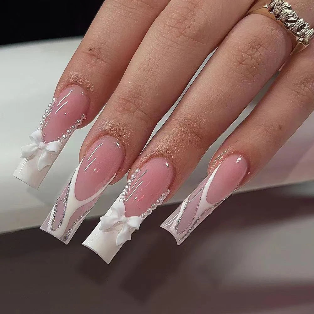 Kawaii 24pcs Bowknot Coffin Press-On Nails 🎀✨ Sweet French Tips with White Pearls for Summer Parties 🌸💅