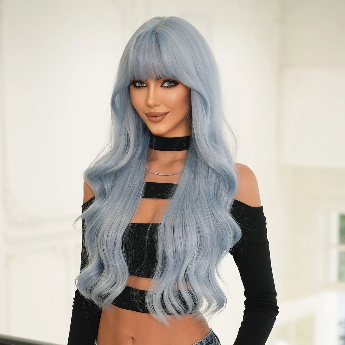 ✨Kawaii Light Blue Wavy Wig 🌊 | Sweet Bangs & Heat Resistant Cosplay Style 💖 | Perfect for Daily Wear & Parties!