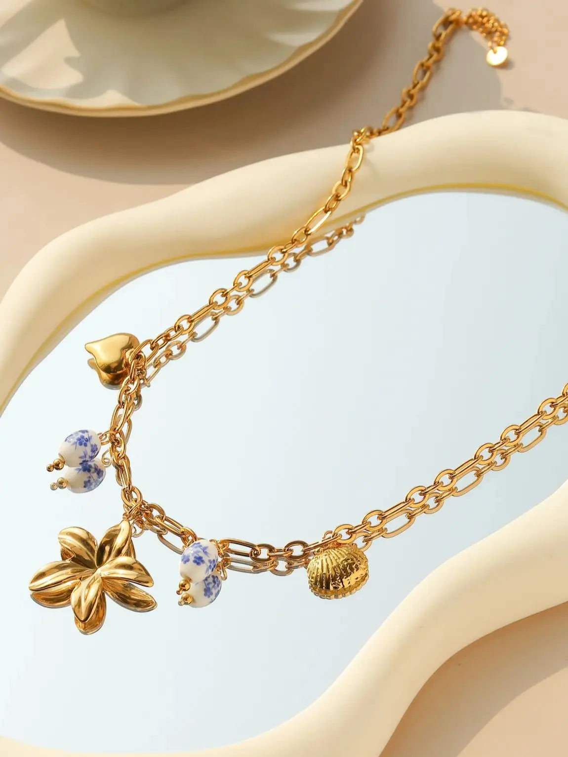 Blue And White Porcelain Flower Shell Heart Pendant Necklace For Women  💙🌸