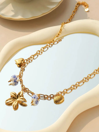 Blue And White Porcelain Flower Shell Heart Pendant Necklace For Women  💙🌸