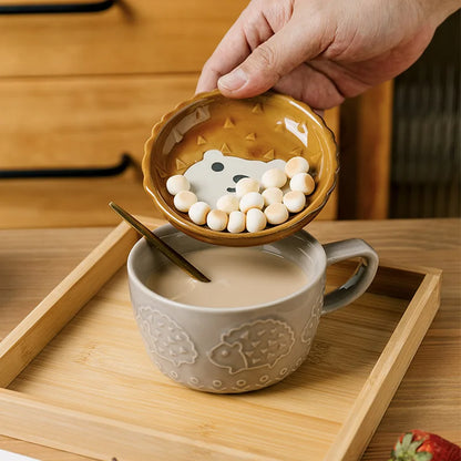 Kawaii Cat Coffee Mug ☕️🐱 - Cute Ceramic Cup with Lid for Breakfast & Milk! 🌸💕