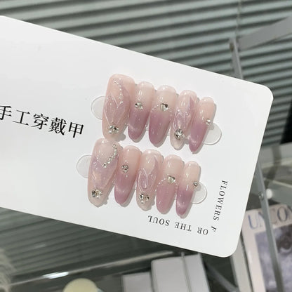 Kawaii 10-Piece Rhinestone Almond Press-On Nails ✨💅 | Handmade Acrylic Nail Art Set for Adorable Looks! 🌟