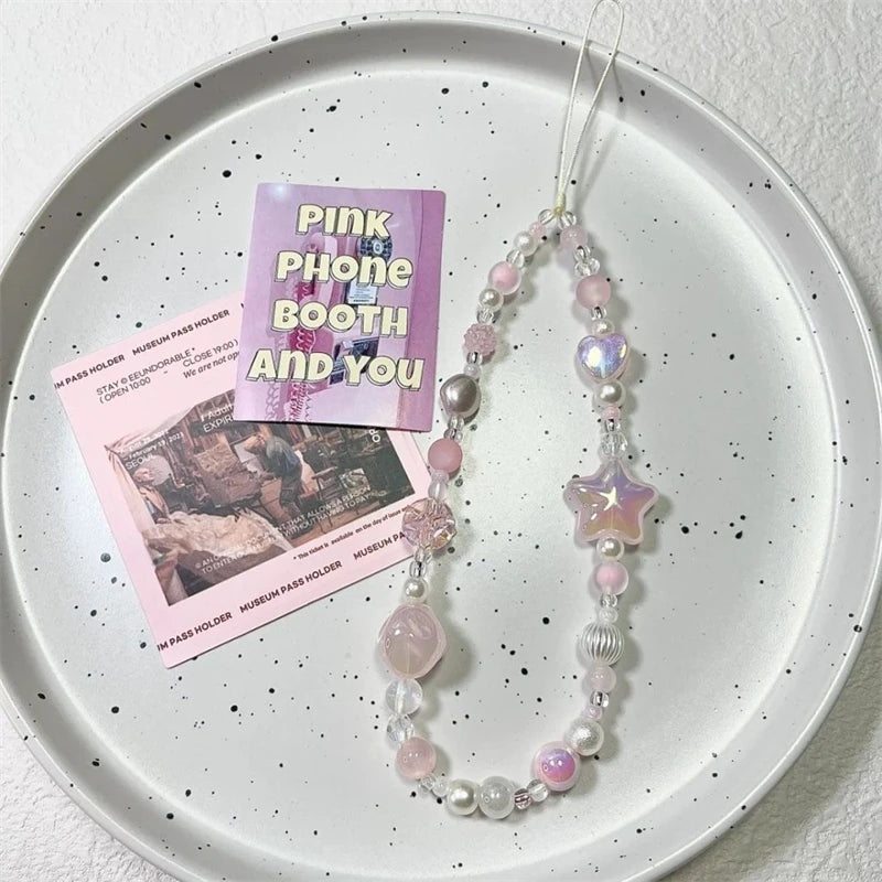 Korean Y2K Pink 3D Star Beaded Phone Lanyard Charm For All Phones 📱💗