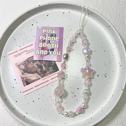 Korean Y2K Pink 3D Star Beaded Phone Lanyard Charm For All Phones 📱💗