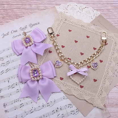 Kawaii Pearl Bow Rhinestone Love Pendant Bag Charm 🎀 | Handmade Japanese Sweet Accessories for Girls 💖✨
