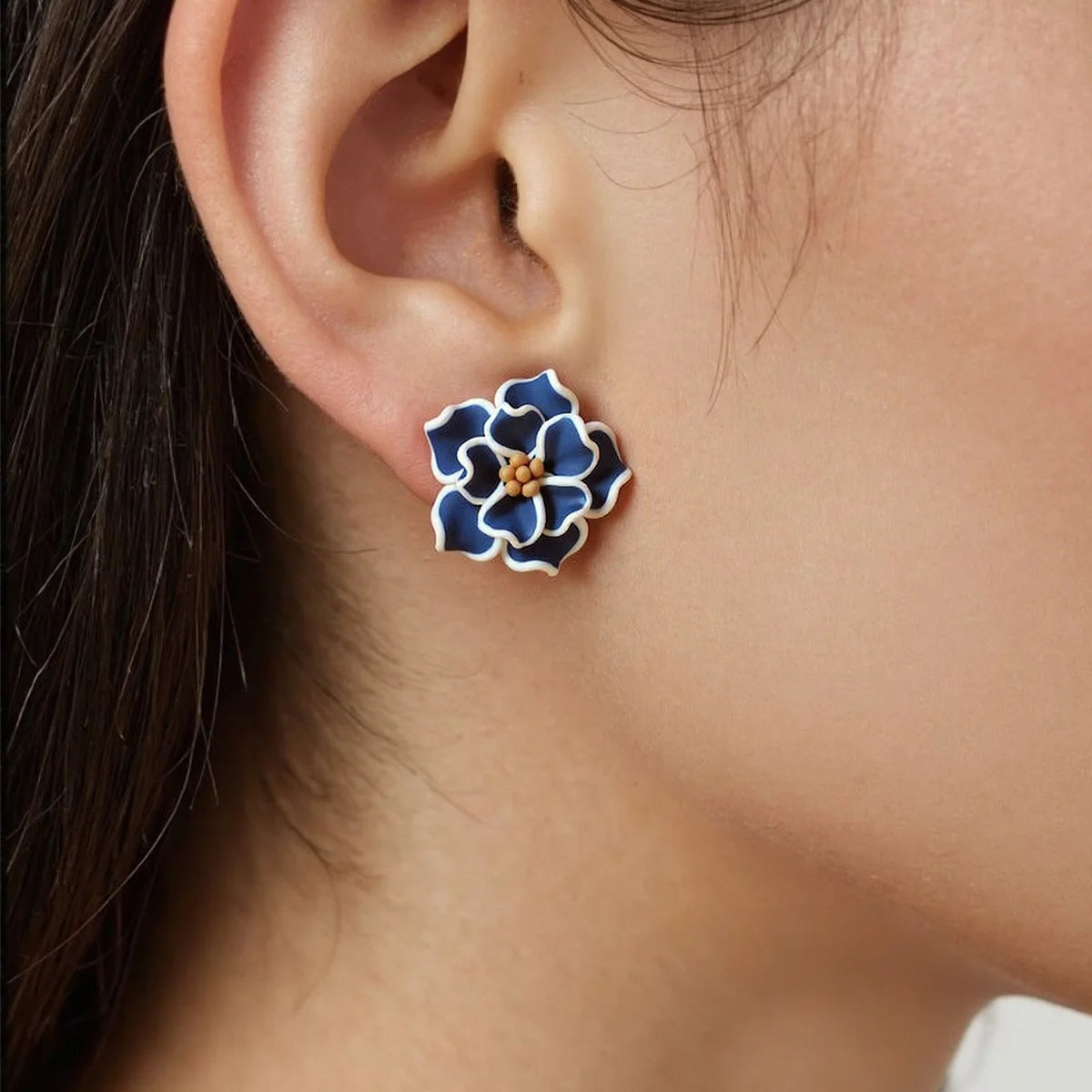 Navy Blue Flower Polymer Clay Dangle Earrings Cute For Women 💙✨