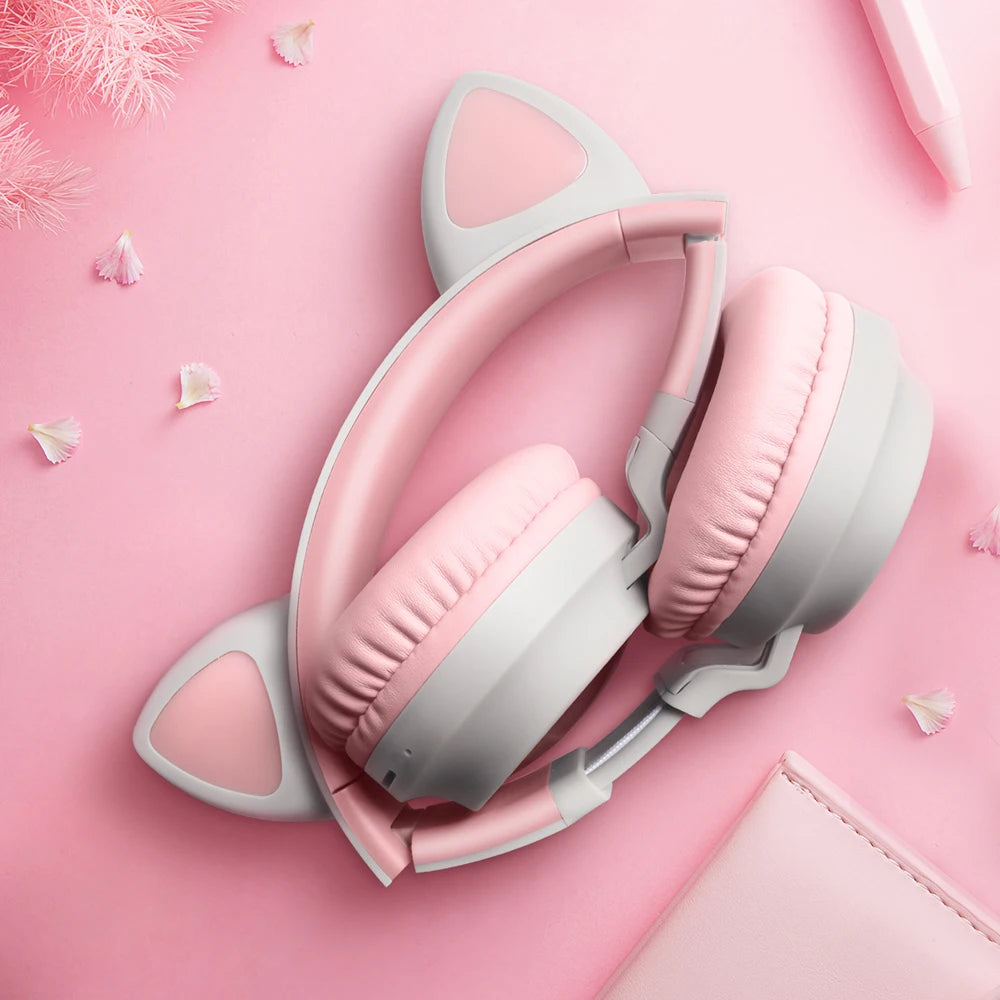 ✨ Kawaii Cat Ear Bluetooth Headphones 🎶 - Adorable LED Music Headset for Girls 💖 - Supports TF Card & FM Radio! 🌈