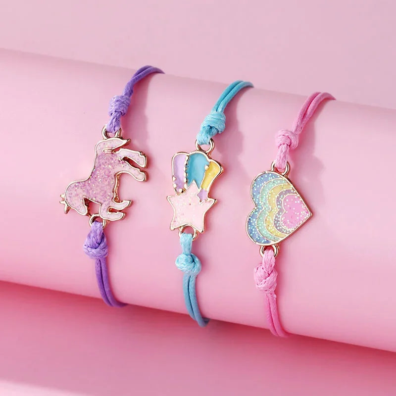 Kawaii Charm Bracelet Set 🌈💕 | 3Pcs Braided Unicorn, Heart & Star Accessories for Kids 🎀✨