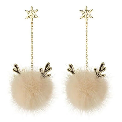 Snowflake Deer Plush Ball Earrings Snow Flower Drop Christmas Jewelry Gift 🦌❄️