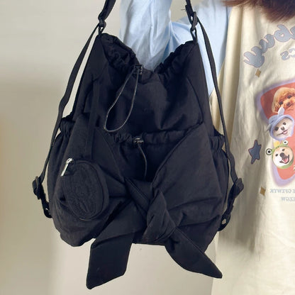 Kawaii Bow Drawstring Backpack 🎀 | Spacious Cotton Tote for Moms & Adventures 🌟