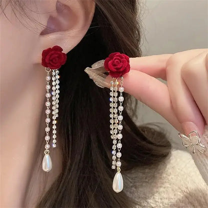 Charming Wine Red Bow Pearl Tassel Earrings 🎀🌟 | Kawaii 2024 Bridal Jewelry ✨