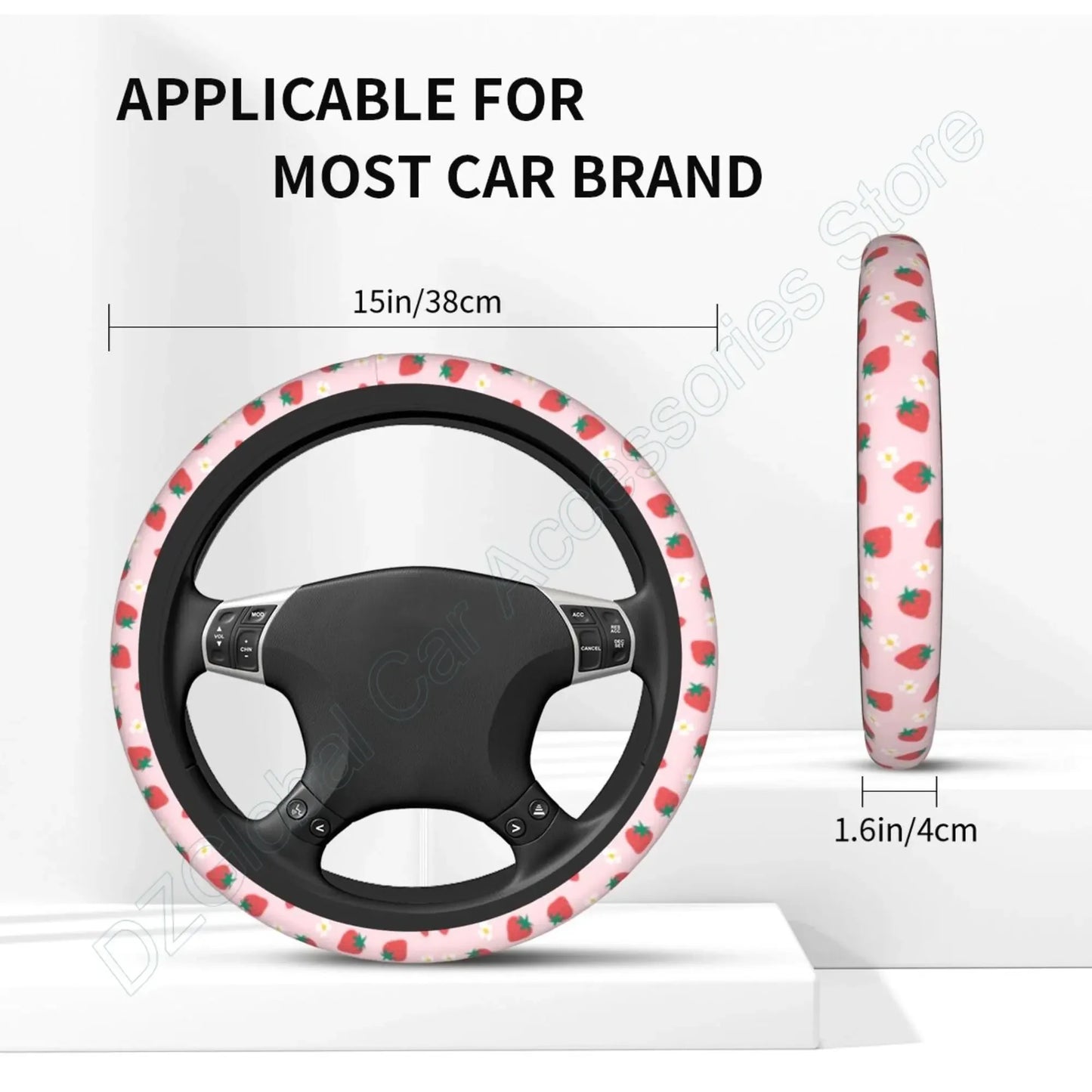 Kawaii Strawberry Flowers Steering Wheel Cover 🌸🍓 | Anti-Slip Elastic Car Accessory 🌈 | Universal Fit 15" Protector 🛡️