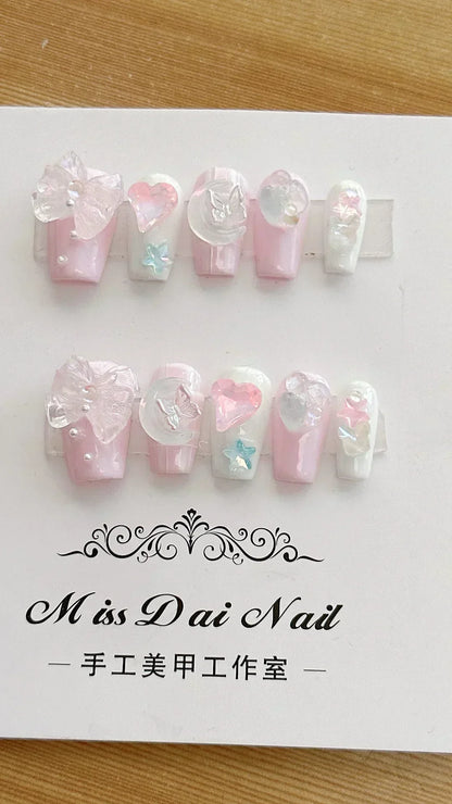 Kawaii 3D Press-On Nails Set 💖✨ - 10Pcs with Love Hearts, Moon, Butterfly & Rhinestones 🌙🦋 - Perfect for Nail Art Lovers!