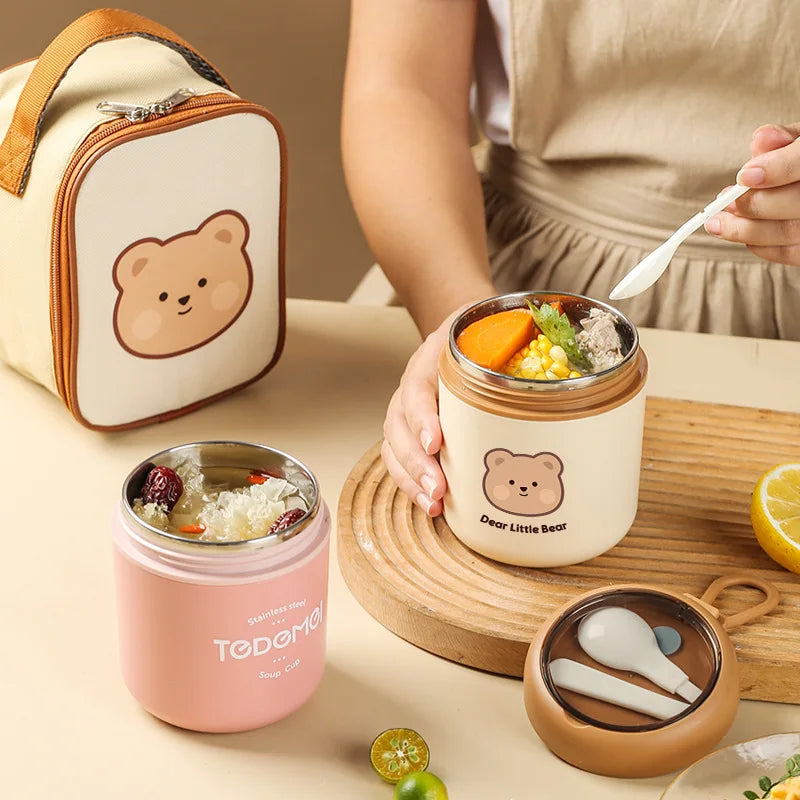 Kawaii 530ml Stainless Steel Lunch Box 🐰🐻 Insulated Bento Box for Kids | Cute Rabbit & Bear Thermal Soup Cup 🌟✨