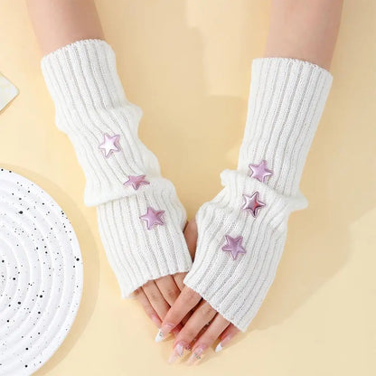 Y2K Fingerless Gloves Women Knitted Arm Warmers Cute Star Decor ⭐ Cozy Winter