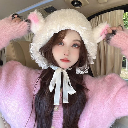 Fluffy Lamb Knit Bucket Hat For Winter Cute Cosplay Gift 🎀🐑
