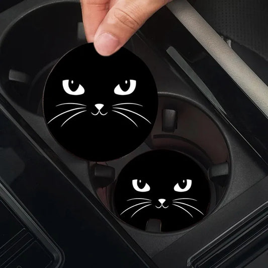 Kawaii Cat Cup Holder Mats 🐾 - 2PC Non-Slip Rubber Coasters for Your Car 🐱✨