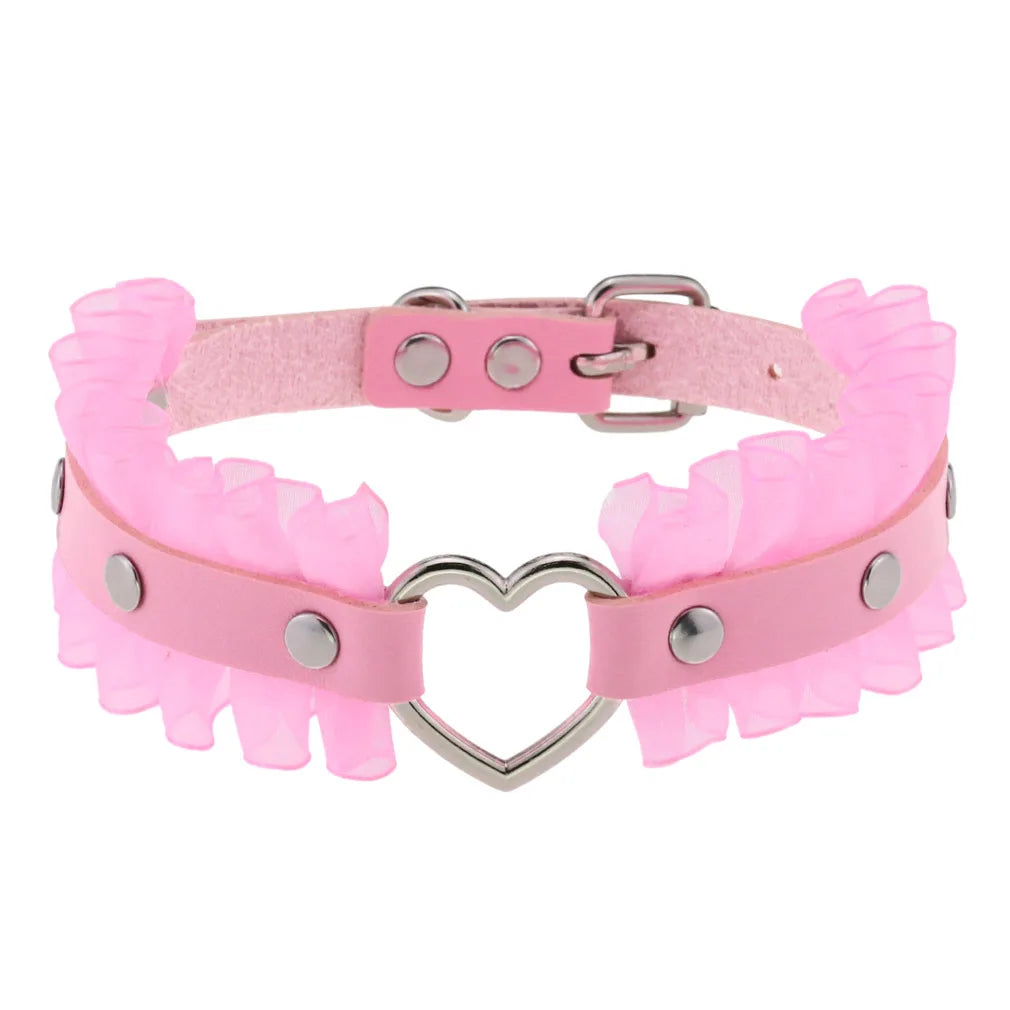 Pink Lace Leather Choker With Heart Pendant, Punk Gothic Style ✨💗
