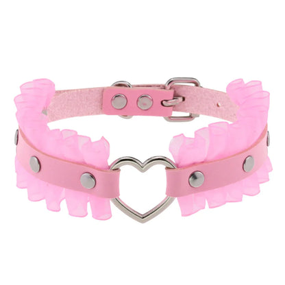 Pink Lace Leather Choker With Heart Pendant, Punk Gothic Style ✨💗
