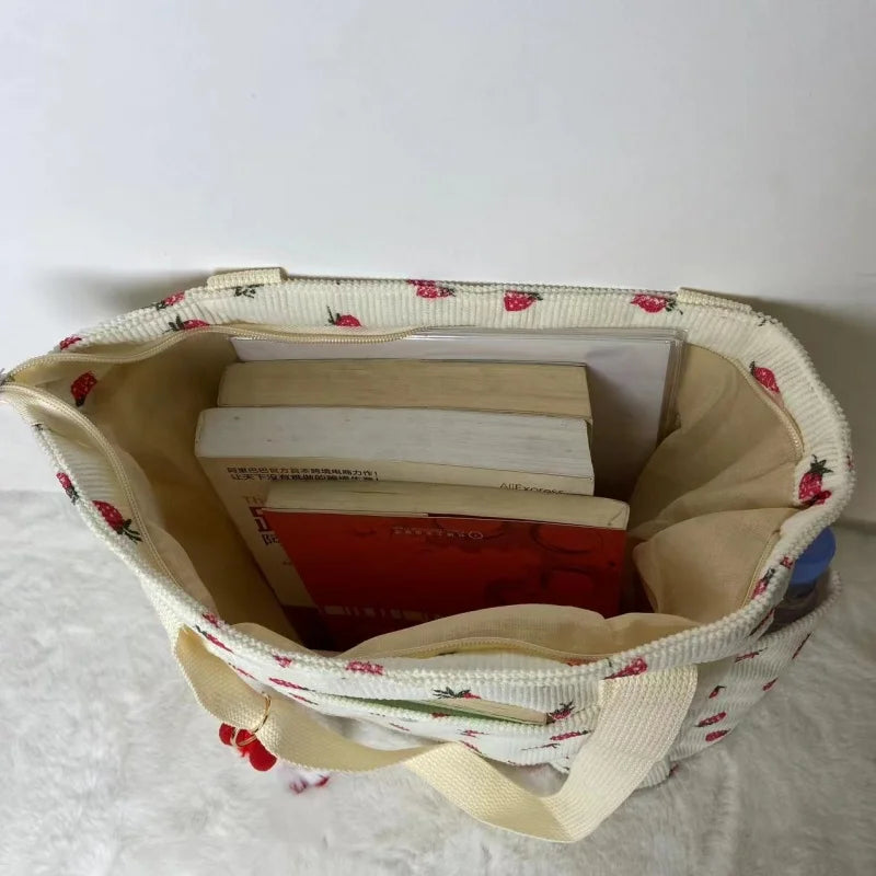 🍓 Adorable Strawberry Corduroy Shoulder Bag 🎒 Stylish & Spacious Classroom Tote! 🌸 - Pixie Quill