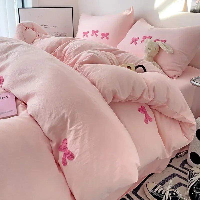 Whimsical Pink Bow Duvet Set 🌸✨ - Enchant Your Bedroom with 3D Embroidery & Cozy Comfort! 💤💖