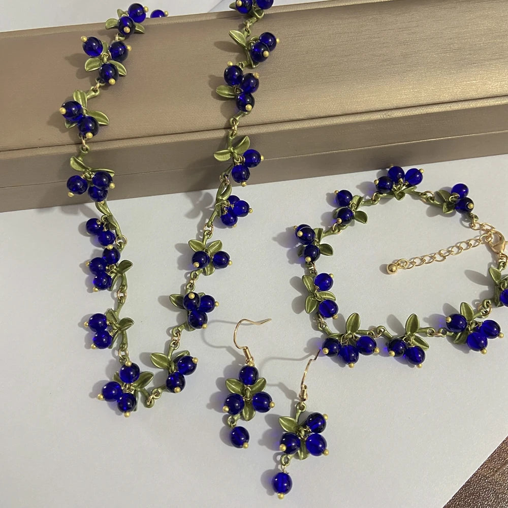 Kawaii Vintage Blue Berry & Cranberry Gemstone Jewelry Set 🍇✨ - Adorable Earrings, Bracelet & Necklace for Women! 💖
