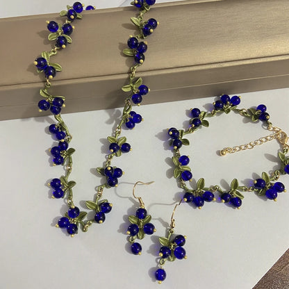 Kawaii Vintage Blue Berry & Cranberry Gemstone Jewelry Set 🍇✨ - Adorable Earrings, Bracelet & Necklace for Women! 💖