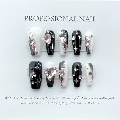 Kawaii Love Bow Rhinestone Press-On Nails 💖✨ | 10Pcs Handmade Coffin Nail Set for Adorable Manicures 💅🌟