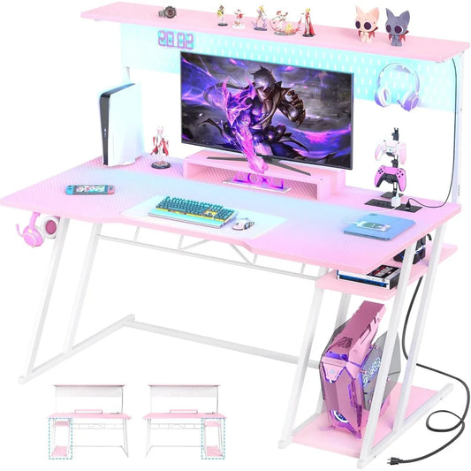 Kawaii Pink Gaming Desk 🌸✨ with LED Lights, Storage Shelves & Pegboard | Perfect for Gamers 🎮💖